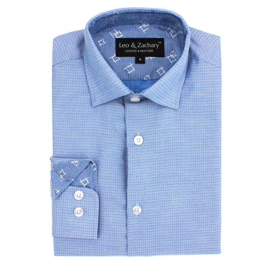 Boys' Slim-Fit Long Sleeve Contrast Collar Dress Shirt in Blue Diamond Dot Boys' Slim-Fit Long Sleeve Contrast Collar Dress Shirt in Blue Diamond Dot