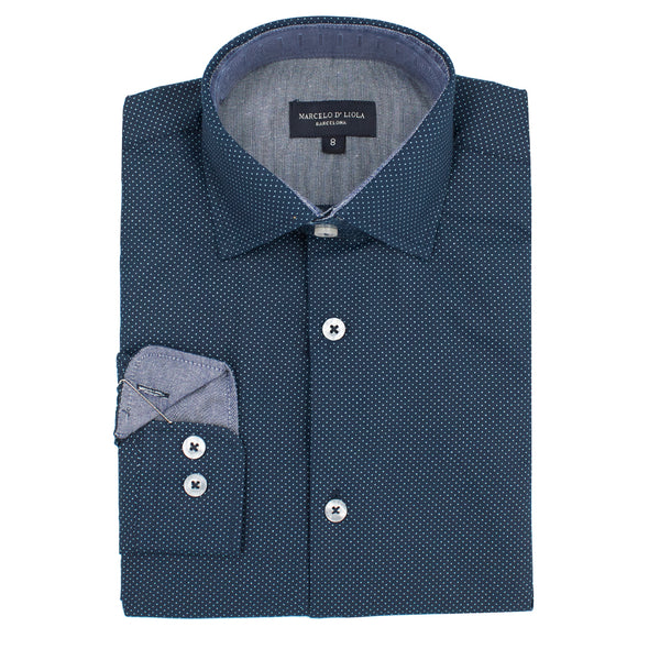 Boys' Slim-Fit Long Sleeve Contrast Collar Dress Shirt in Navy Dotted