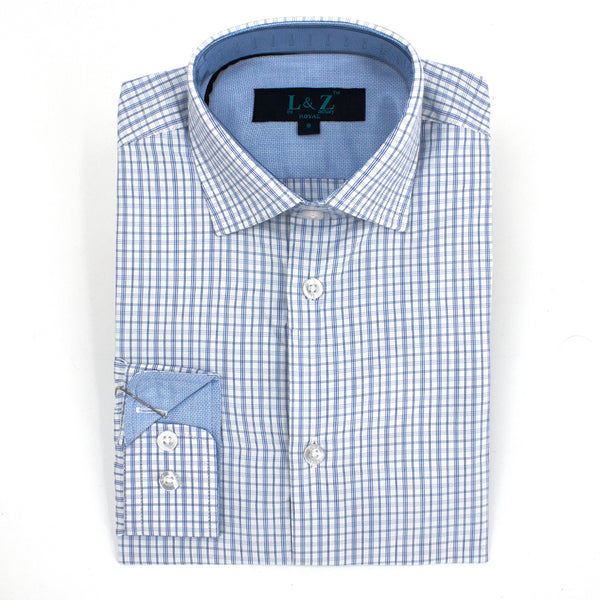 Boys' Slim-Fit Long Sleeve Contrast Collar Dress Shirt in Blue Check