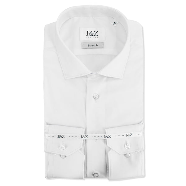 J&Z Couture White Button Down Dress Shirt, Satin Stretch (78% Co, 16% poly, 6% elastane)