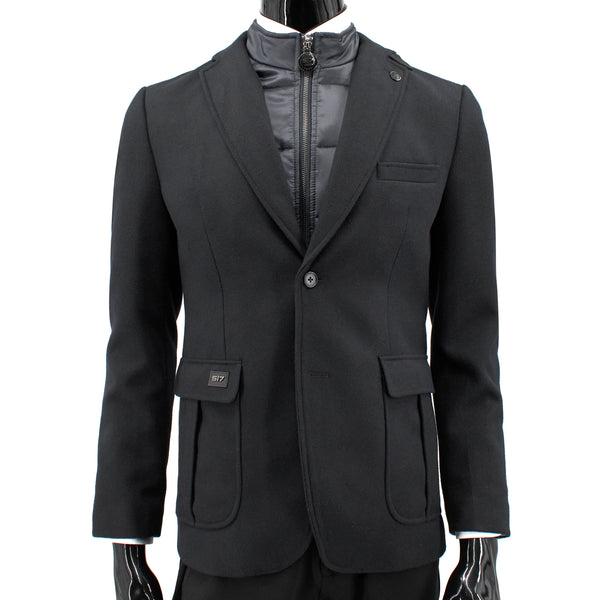 John Peter London Men's Wool Blazer with Quilted Zip-Up Lining in Black