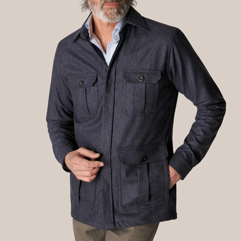Eton Men's Wool-Cashmere Flannel Overshirt in Navy