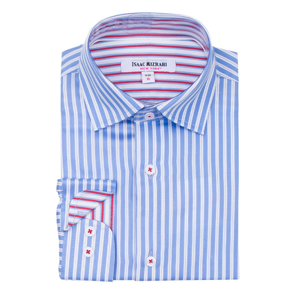 Boys' Cotton Long Sleeve Button-Down Blue and White Stripe Dress Shirt