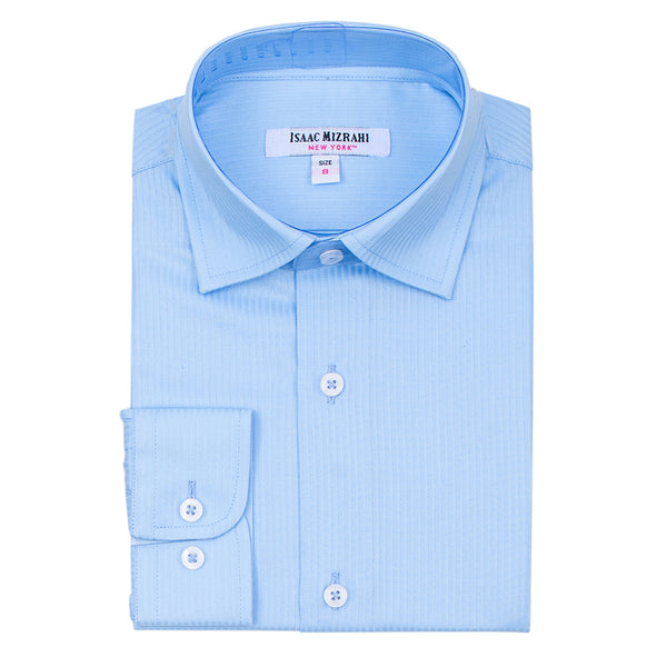 Boys' Cotton Long Sleeve Button-Down Light Blue Tonal Herringbone Dress Shirt