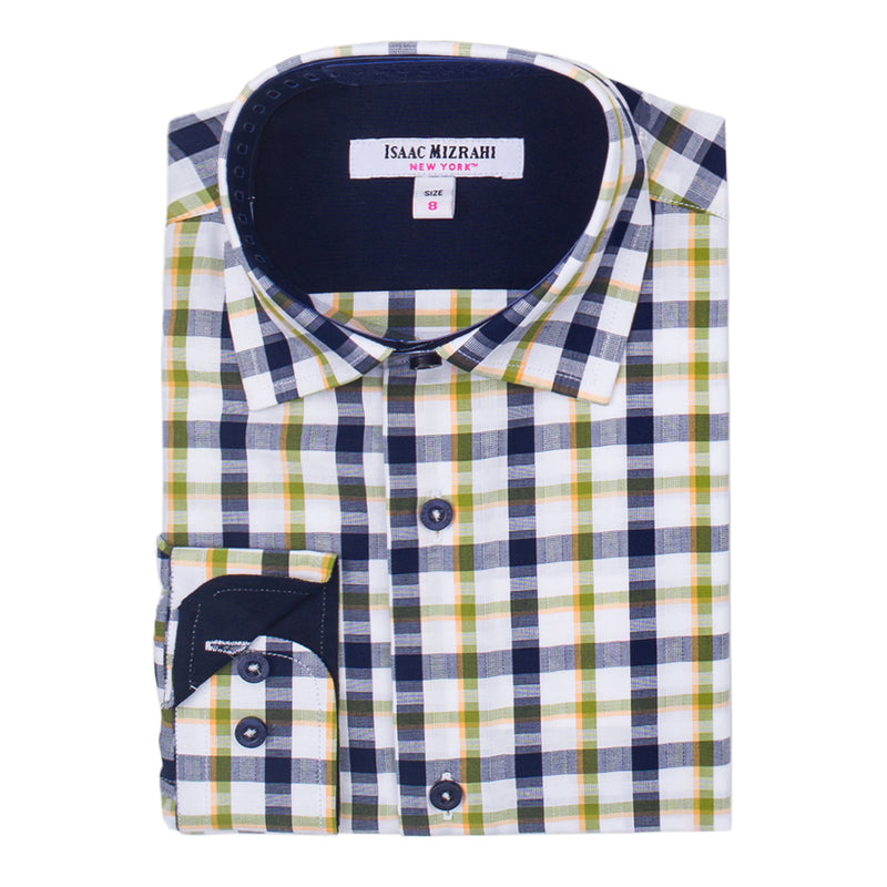 Boys' Cotton Long Sleeve Button-Down Navy and Green Check Dress Shirt