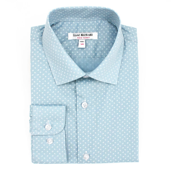 Boys' Cotton Long Sleeve Button-Down Dress Shirt in Light Blue Horseshoe Pattern