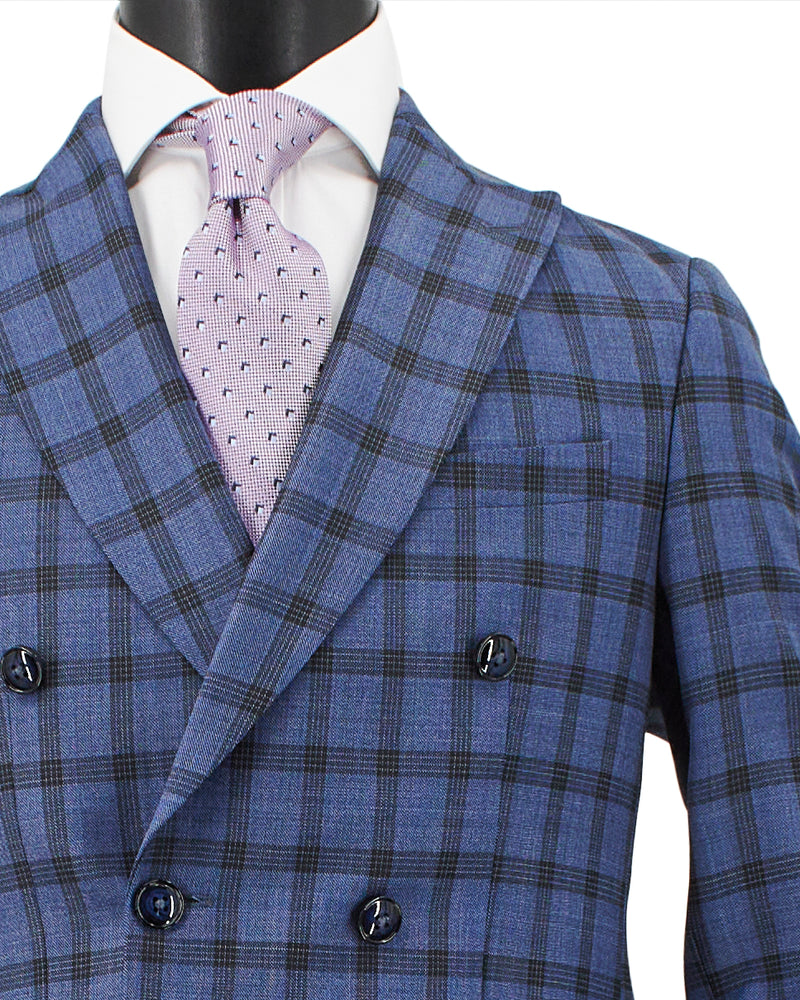 Fabio Paoloni Men's Double-Breasted Blue Windowpane Suit