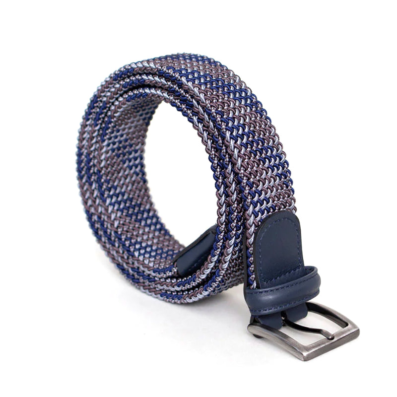Anderson's Leather-Trimmed Woven Elastic Belt - Navy, Gray & Silver