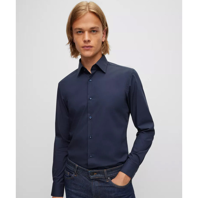 BOSS Men's Slim-Fit Shirt in Easy-Iron Stretch-Cotton Poplin in Dark Blue  50469345-404