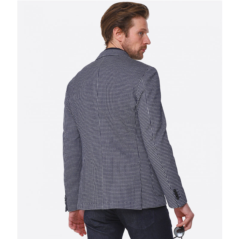 BOSS Men's Slim-Fit Blazer in Dark Blue and White Houndstooth Linen and Cotton