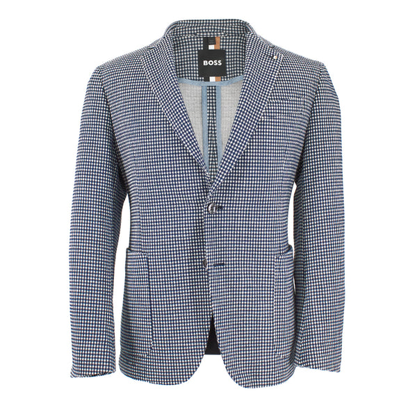 BOSS Men's Slim-Fit Blazer in Dark Blue and White Houndstooth Linen and Cotton  50469046-404