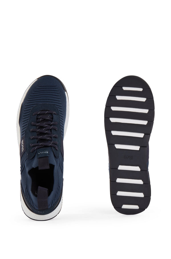 BOSS Men's Low-Profile Trainers in Mesh and Rubberized Fabric in Dark Blue 50414734-401