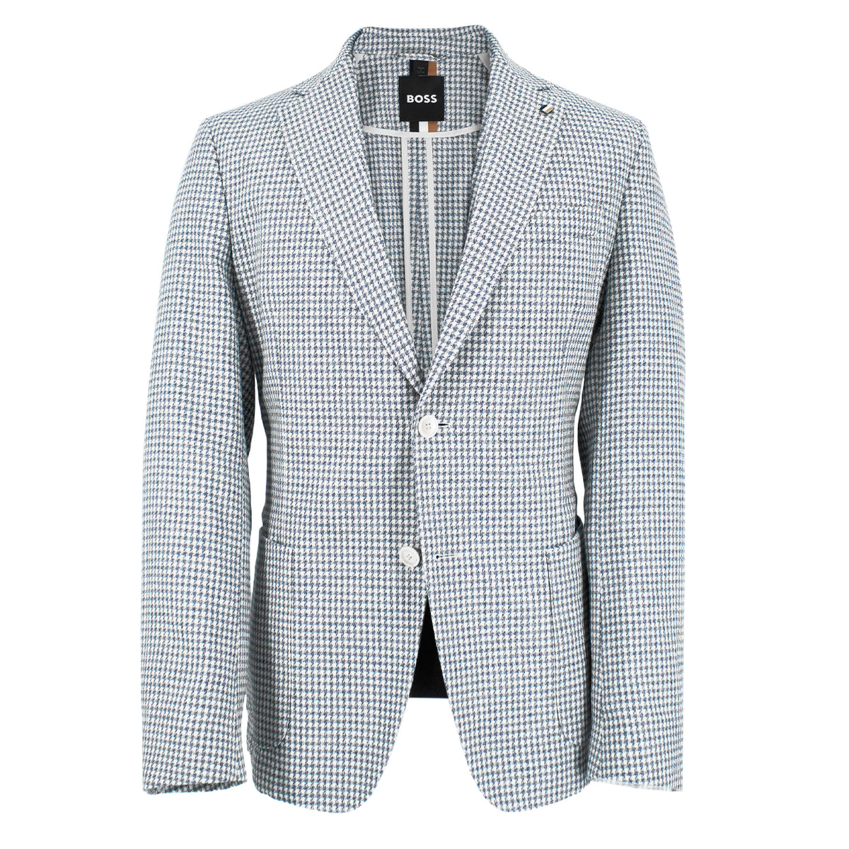 BOSS Men's Slim-Fit Blazer in Light Blue and White Houndstooth Linen and Cotton  50473712-424