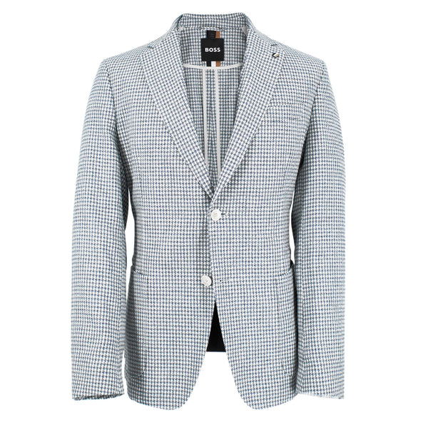 BOSS Men's Slim-Fit Blazer in Light Blue and White Houndstooth Linen and Cotton