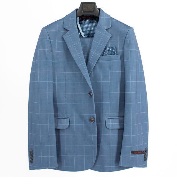 Leo & Zachary Boys' Mid-Blue Windowpane Suit  BLZ5422