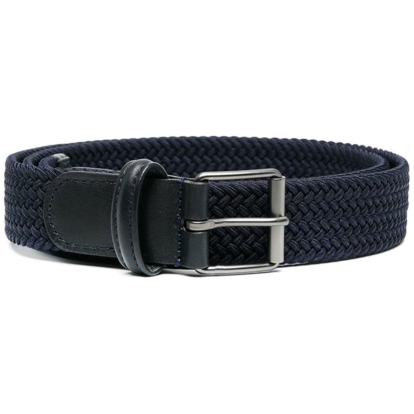 Anderson's Leather-Trimmed Woven Elastic Belt in Navy