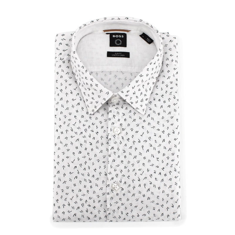 BOSS Men's Slim-Fit Long Sleeve Shirt in Printed Stretch Linen in White