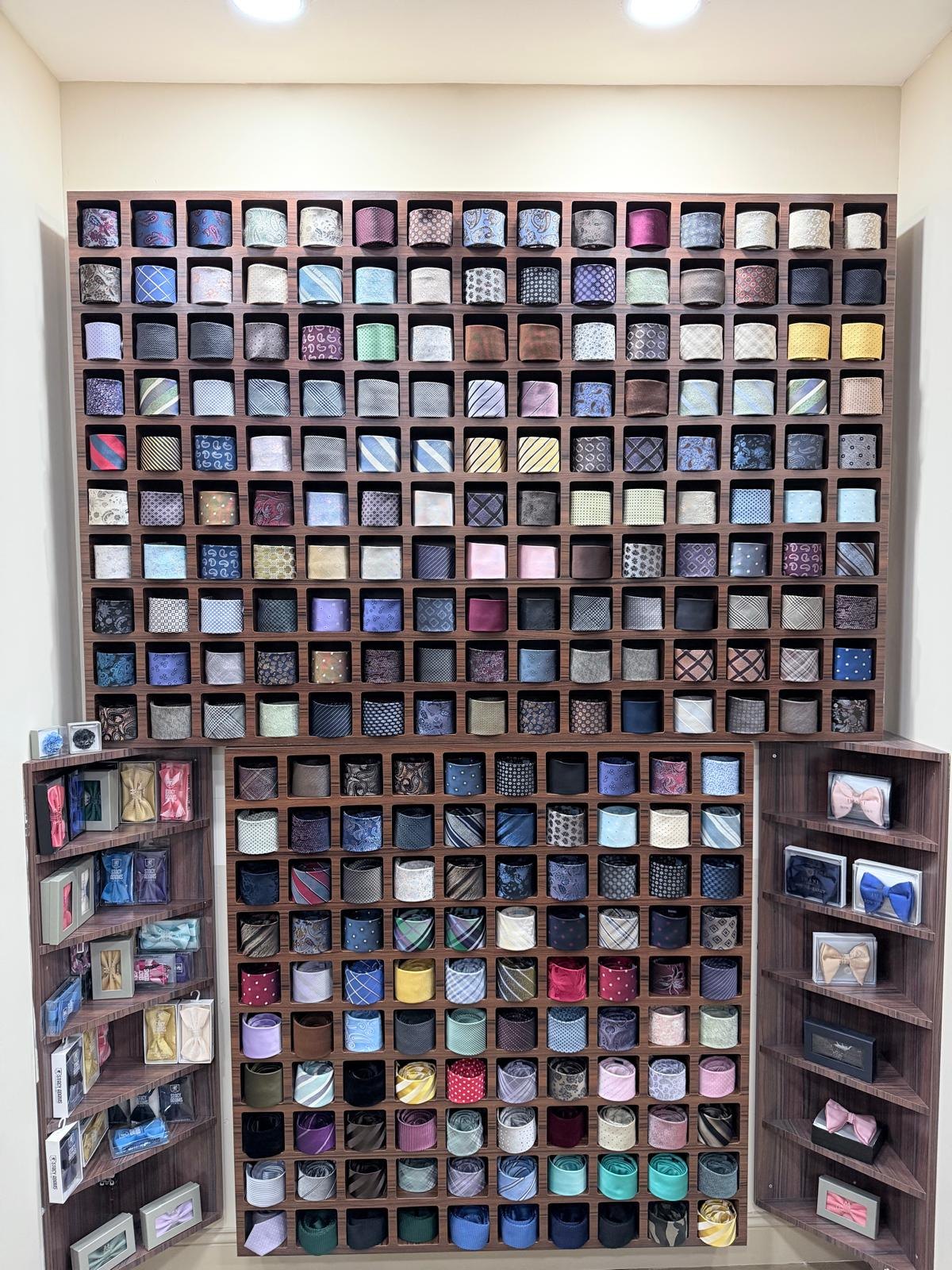 The tie and pocket square wall at J&Z Couture